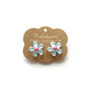 Paire de boucles d’oreille clip fleurs -Bleu