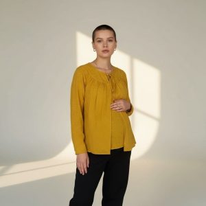Blouse allaitement – gaze de coton Oekotex Moutarde plumettes dorées