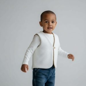 Gilet berger enfant, adorable mattelassé écru imprimé anis