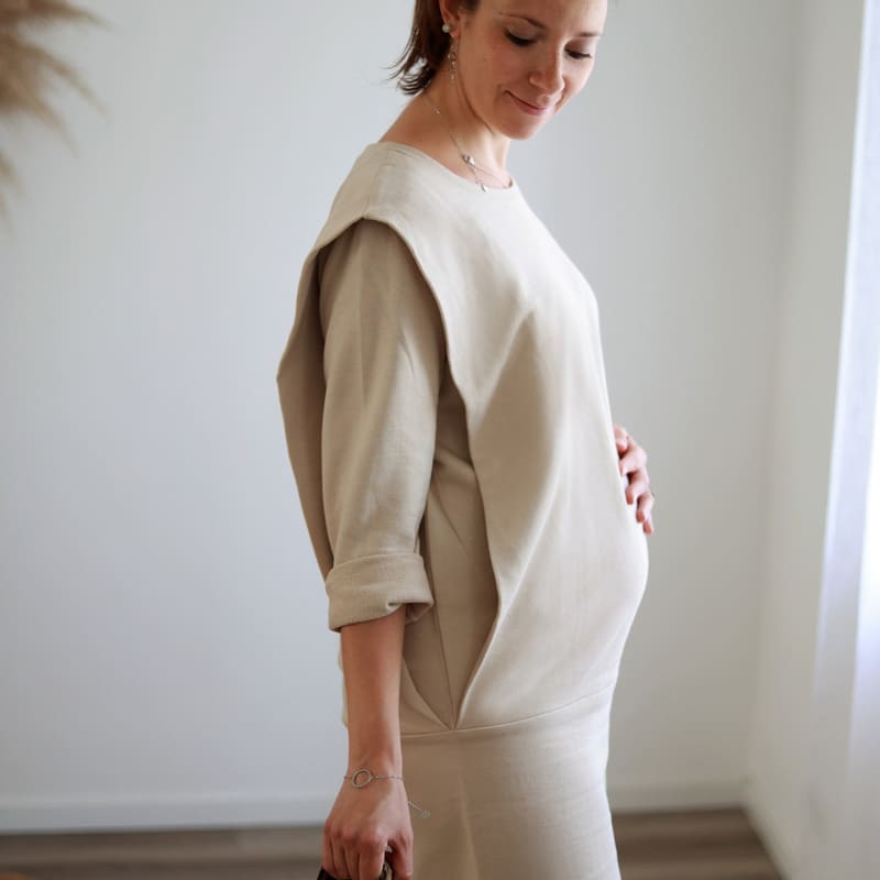 Robe grossesse et allaitement molleton extensible beige – Image 6