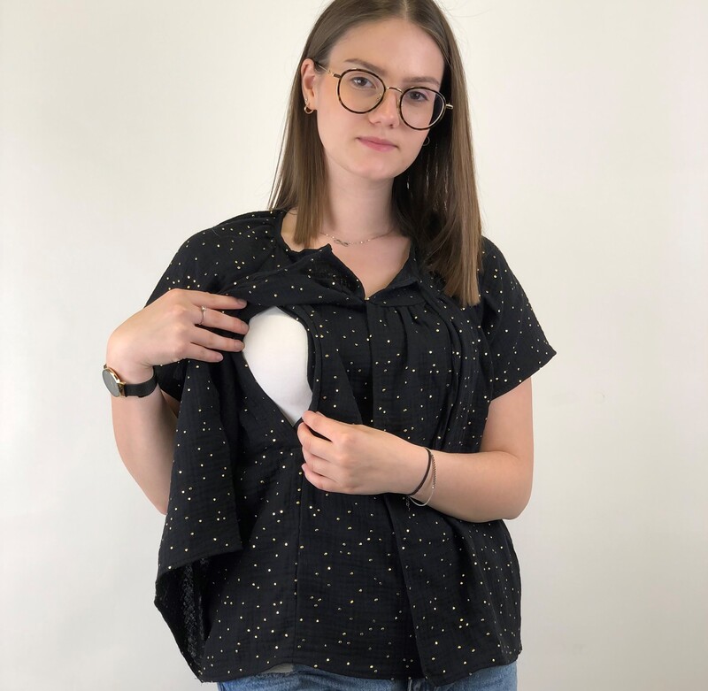 Blouse allaitement – coton noir pois dorés – Image 4