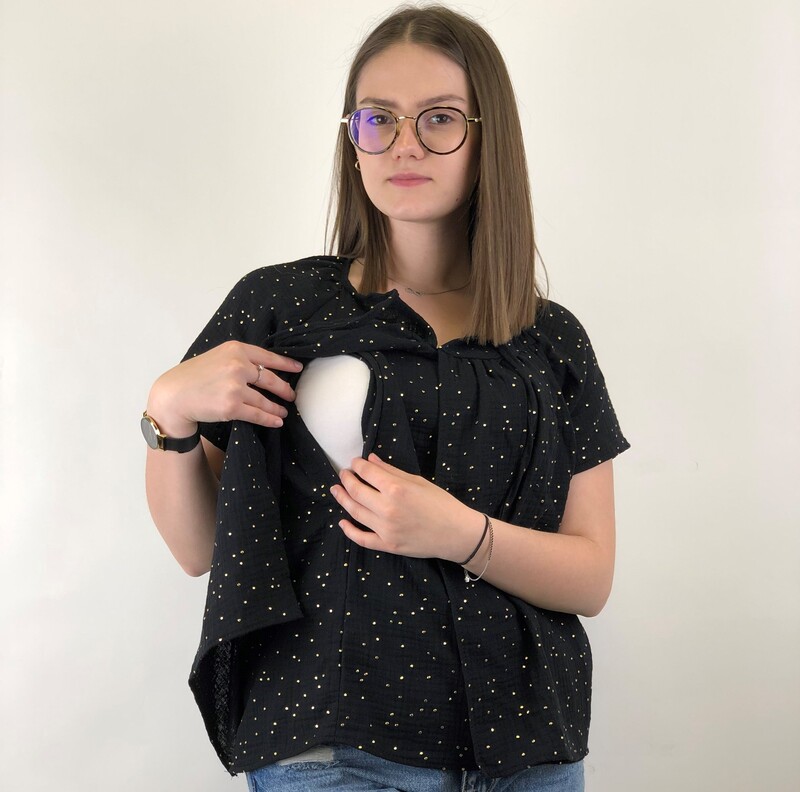 Blouse allaitement – coton noir pois dorés – Image 5