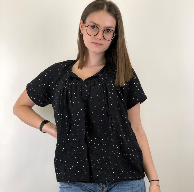 Blouse allaitement – coton noir pois dorés – Image 2
